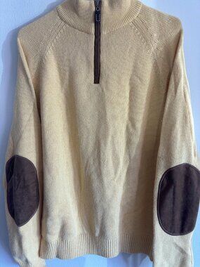 Talbots Mens Medium Quarter Zip Sweater Elbow Patch Knit Preppy Beige Pullover